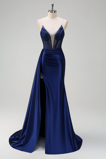 Navy Mermaid V-Neck Watteau treno corsetto perline Abito da cerimonia con fessura